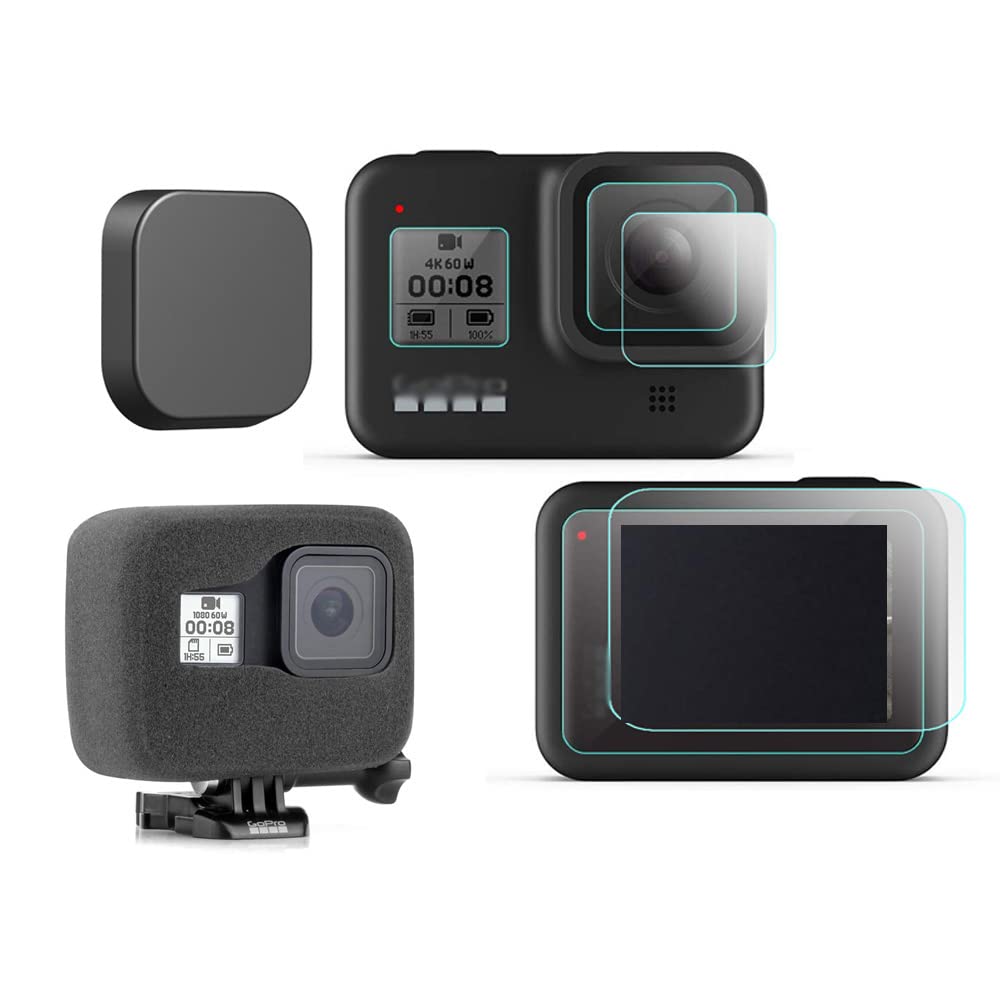 WH1916 Windscreen Foam + Lens & LCD Glass Screen Protector Film + Lens Cap Compatible for GoPro Hero 8 (Black Only) Action Camera (6 Pack)