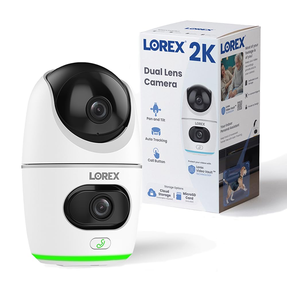 Lorex 2K Dual Lens Indoor Wi-Fi Security Camera | Auto-Tracking | 360° Pan-Tilt | Person & Pet Detection | IR Night Vision | 2-Way Talk | Call Button