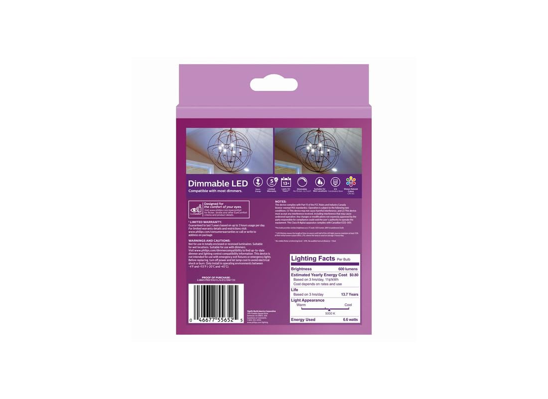Phillips' PHILIPS 75W BA11 Dimmable Edison Glass LED Candle Light Bulb Bent Tip Medium Base Daylight (5000K) (3-Pack)