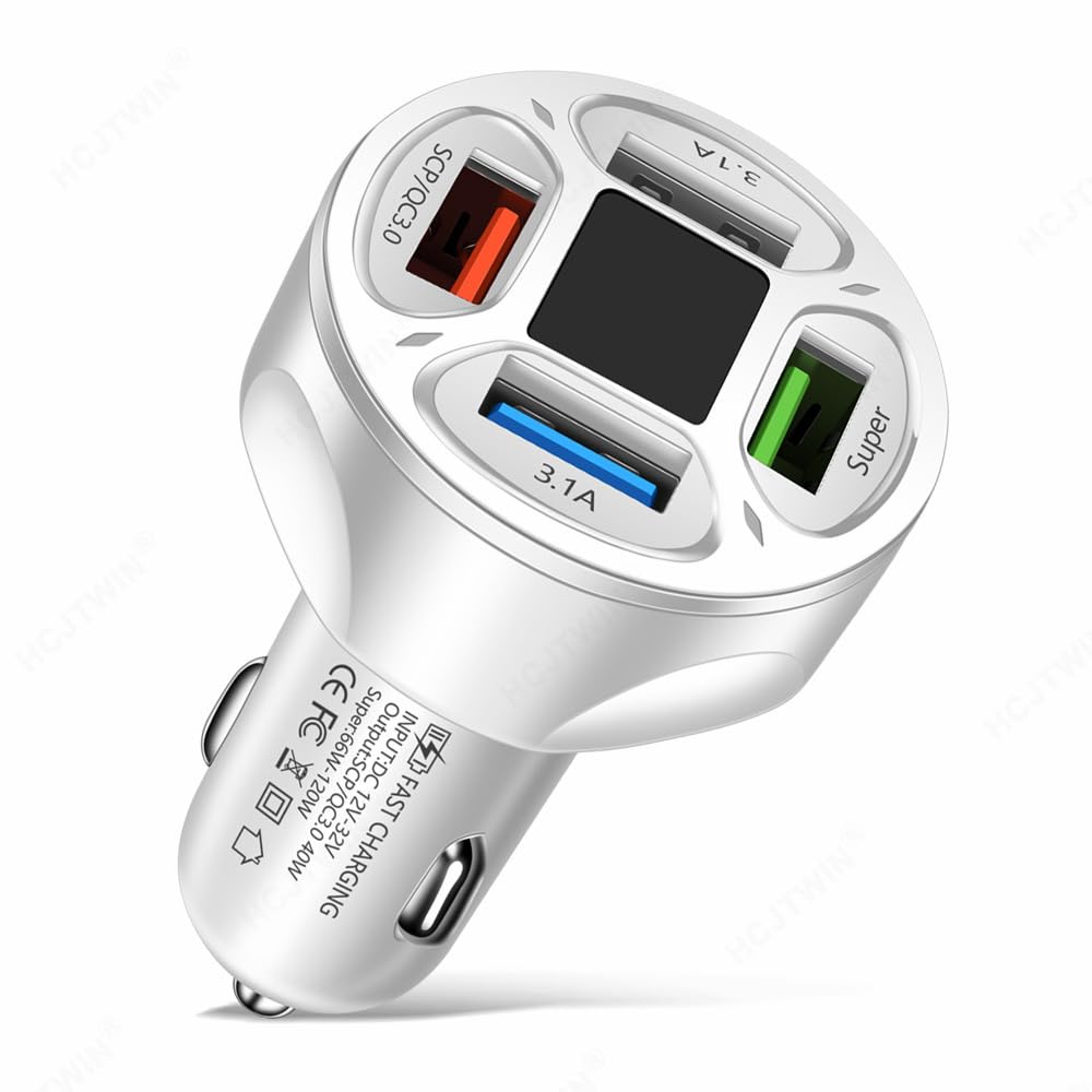 Alanph 66W Multi Port Car Charger Adapter with Voltage Monitor, 4 USB QC3.0 Super Fast Charge Cigarette Lighter USB Charger, Compatible
