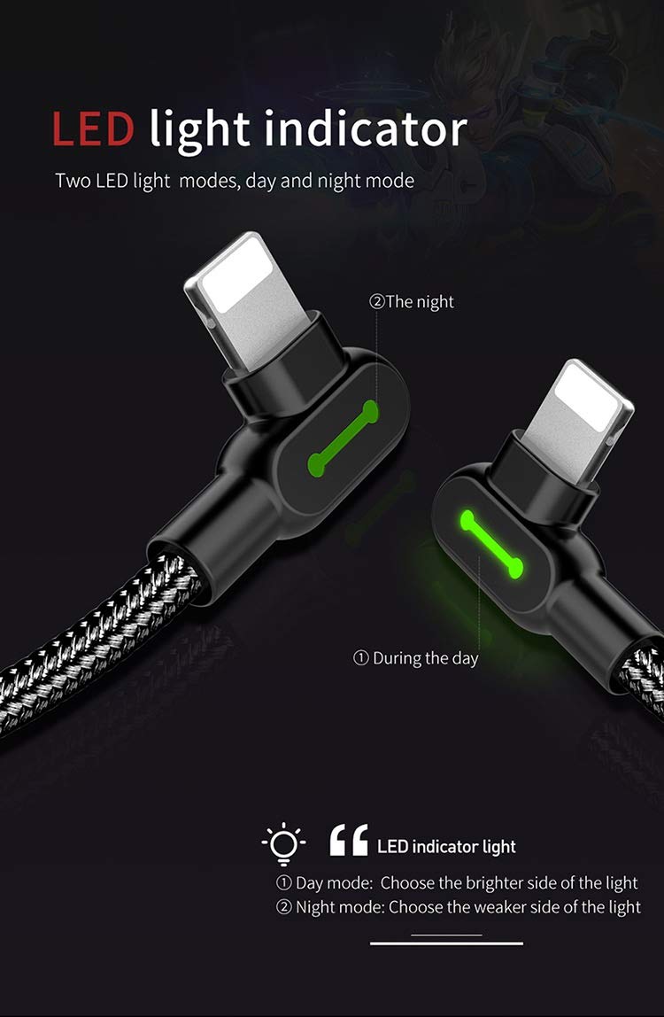 mcdodo USB 90 Degree Right Angle Elbow Design Game LEDCable Nylon Braided Sync ChargeDouble Size USB Data 6FT/1.8M Cable Compatible with iPhone…