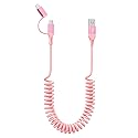 USB to Lightning and USB C Cable 2 in 1 Coiled Pink iPhone Charger - Pink Car Charger Lightning USB C Combo Cable Support Apple Carplay & Android…