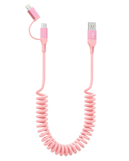 USB to Lightning and USB C Cable 2 in 1 Coiled Pink iPhone Charger - Pink Car Charger Lightning USB C Combo Cable Support Apple Carplay & Android…
