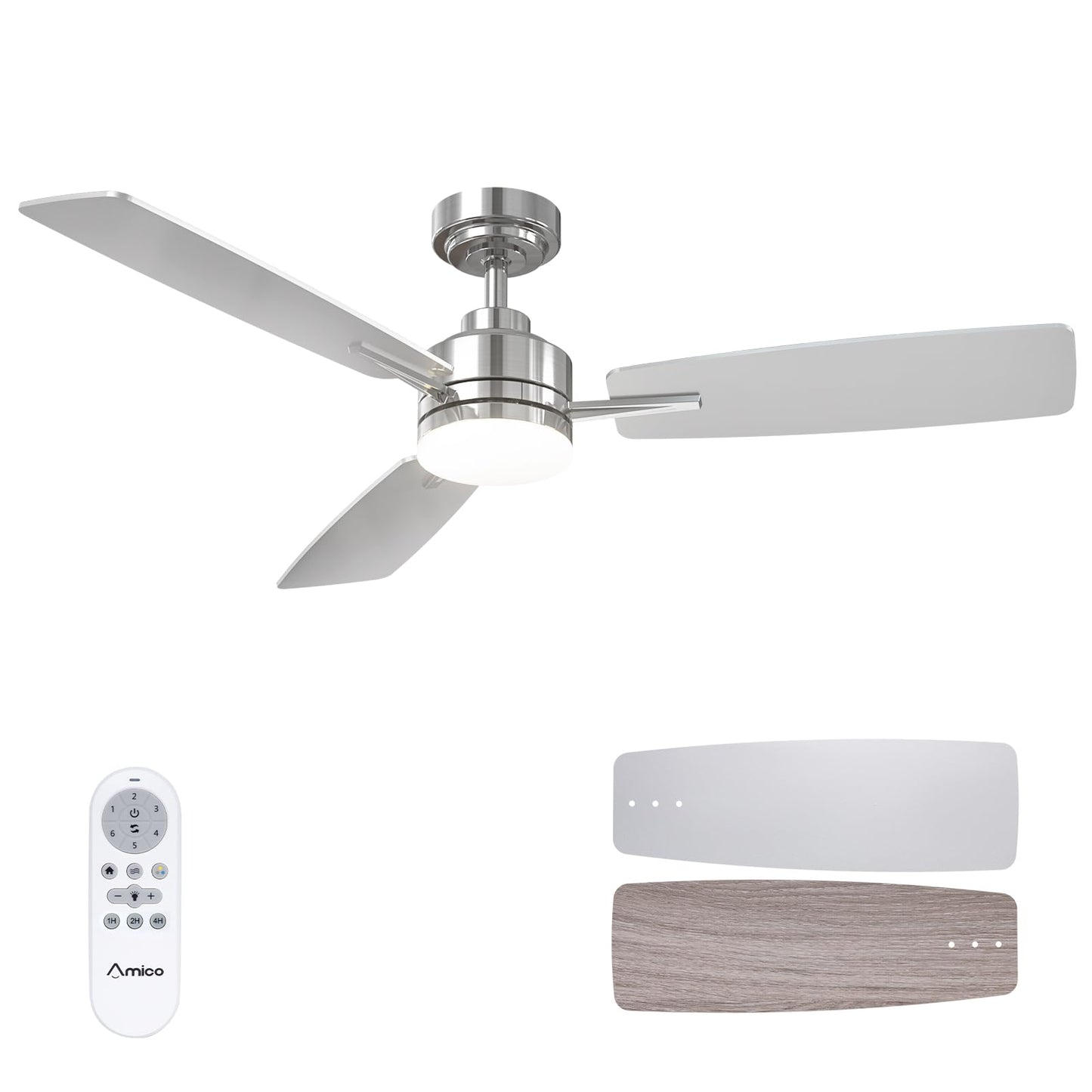 Amico 52" Ceiling Fans with Lights, 3 Nickel Blades, Remote Control, 3CCT