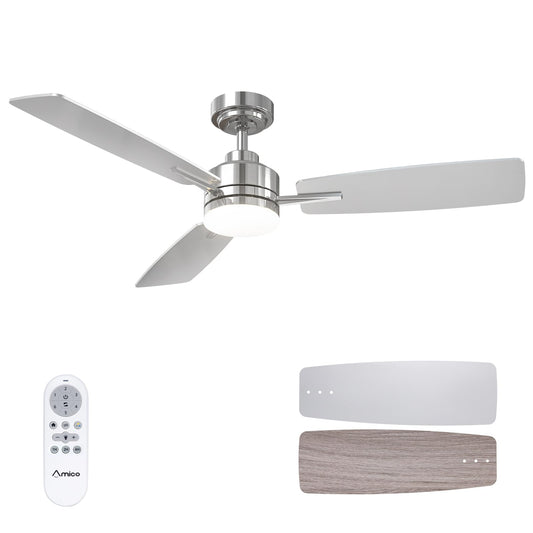 Amico 52" Ceiling Fans with Lights, 3 Nickel Blades, Remote Control, 3CCT