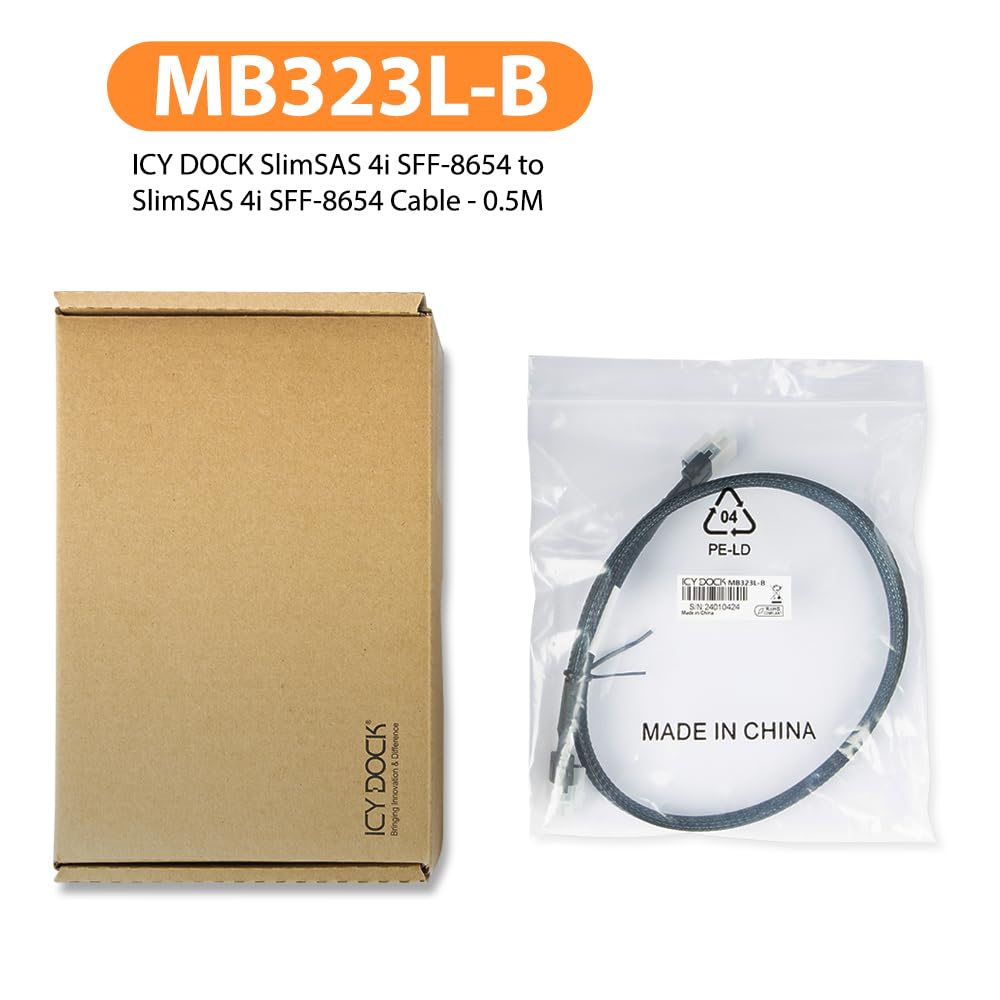 ICY DOCK SlimSAS 4i SFF-8654 to SlimSAS 4i SFF-8654 Cable - 0.5M | MB323L-B
