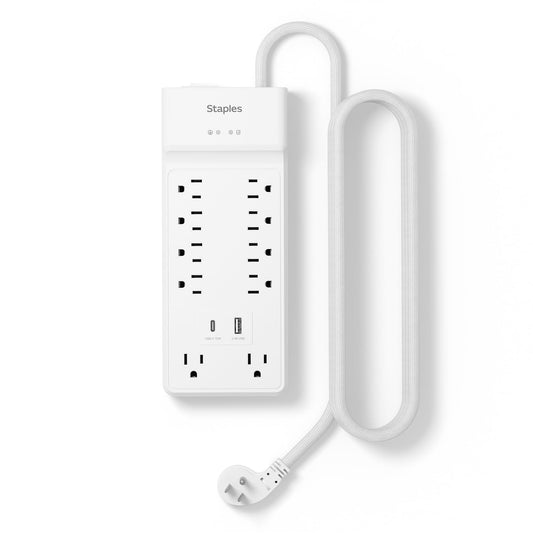 Staples TECH 10?Outlet Surge Protector with 2 USB Charging Ports and 6 ft. Braided Cord with Flat Offset Plug - Ideal for Home & Office, 3000 Joules