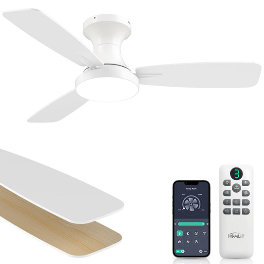 Homlit 42 inch Smart Ceiling Fan with Light, Low Profile Flush Mount with Remote Control, Ultra-Quiet Reversible DC Motor, 3 Color Temperatures & 6