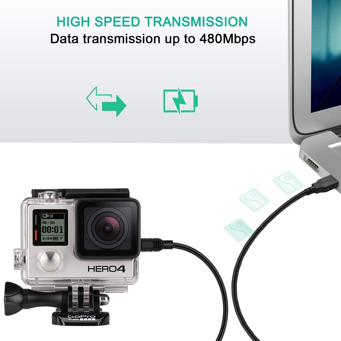 Mini USB Cable for GoPro Hero 4, 3, 2, 1-3ft Camera Data Sync and Charging Cord, USB A to Mini B Fast Charger Cord for Gopro Hero 3+ Silver Black