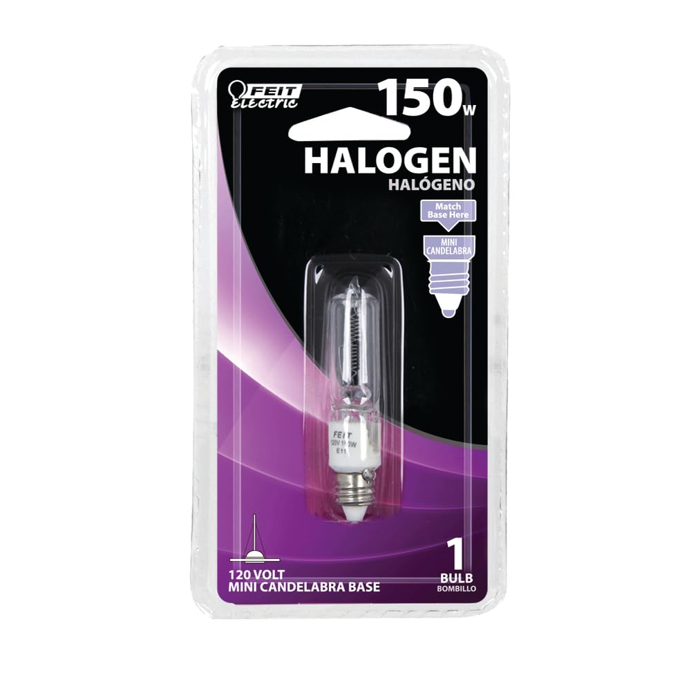 Feit Electric Halogen Light Bulb, 150W, E11 Mini Candelabra Base, 2200 Lumens, 3000K Warm White, Clear Finish, 2,000-Hour Life, Accent, Display