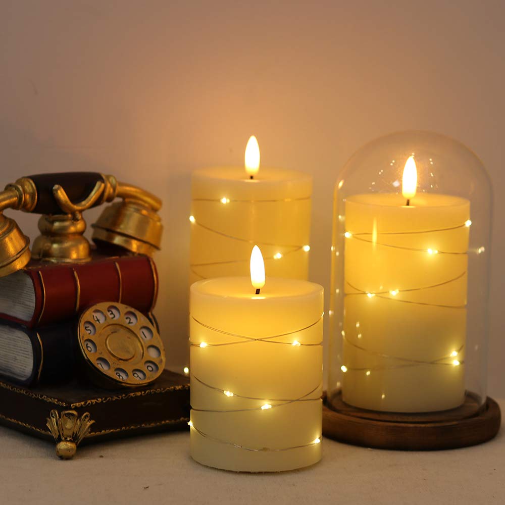 Eldnacele Flameless Candles Battery Operated with Remote and Timer, 3D Wick Flickering Embedded String Lights Real Wax LED Pillar Candles Christmas