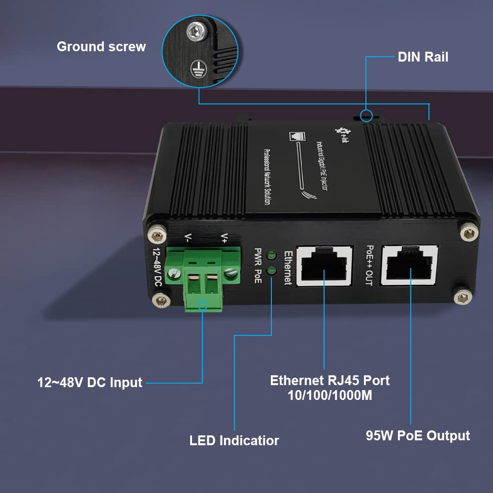 Elenzk Industrial Gigabit PoE++ Injector Hardened IEEE802.3at/bt 95W PoE Adapter with 12-48VDC Input DIN-Rail and Wall Mount