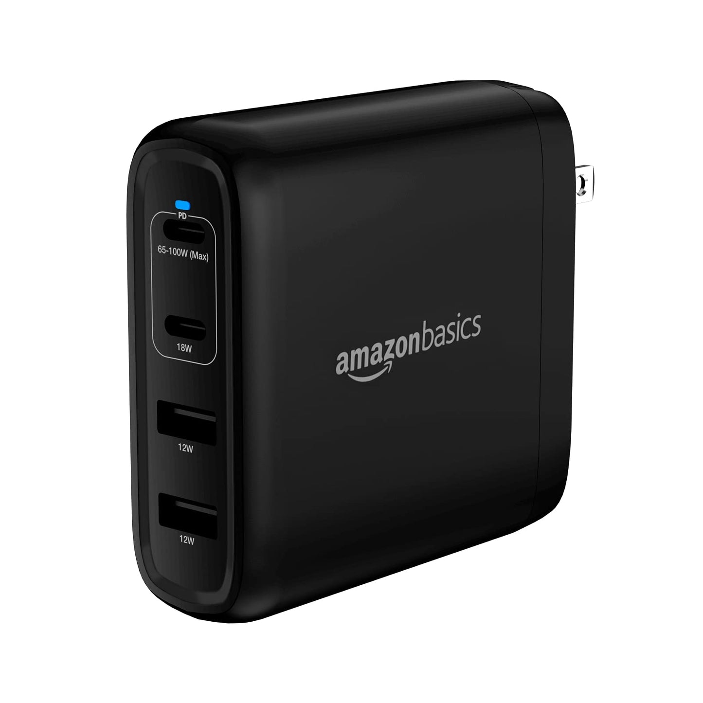 Amazon Basics 100W Four-Port GaN Wall Charger with 2 USB-C (100W, 18W) & 2 USB-A Ports (12W), PD 3.0, Foldable Plug, Portable Multi-Device Charging