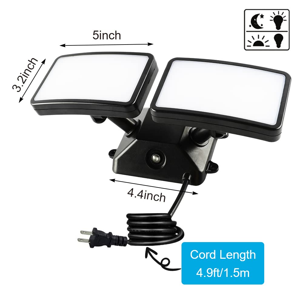 FAGUANGAO Dusk to Dawn LED Security Light,18W Plug in Flood Light Outdoor,5000k Daylight,1600lm, IP55 Waterproof,Adjustable 2 Heads Wall Light