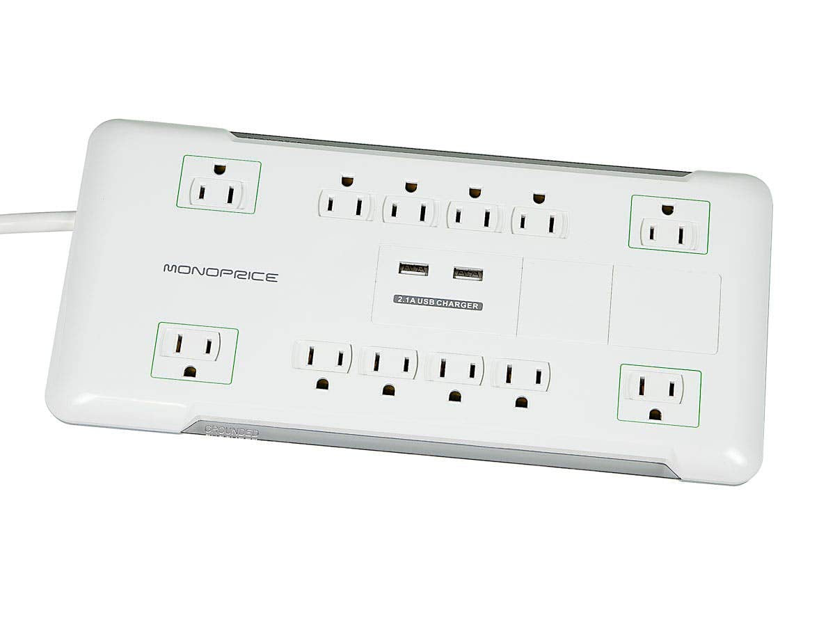 Monoprice Power & Surge - 12 Outlet Surge Protector Power Strip with 2 Built In 2.1A USB Charger Ports - 6 Feet - White | Cord UL Rated, 4, 230 Joules