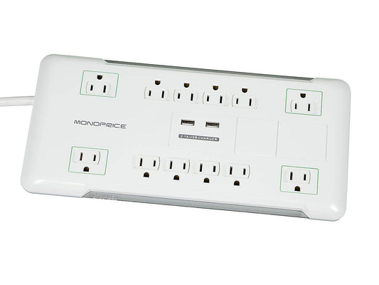 Monoprice Power & Surge - 12 Outlet Surge Protector Power Strip with 2 Built In 2.1A USB Charger Ports - 6 Feet - White | Cord UL Rated, 4, 230 Joules