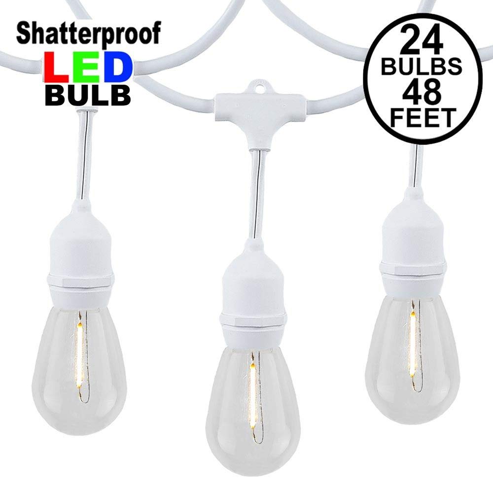 Novelty Lights 48 Feet Warm White, 2200K LED String Lights Outdoor with 24 Edison Style Bulbs, Suspended Sockets, White Wire, Shatterproof