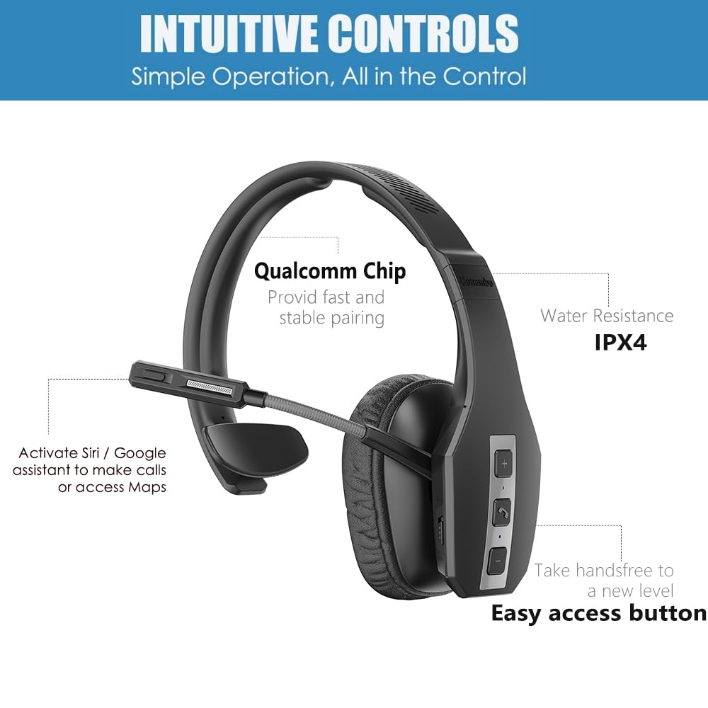 Conambo Trucker Bluetooth Headset with CVC8.0 Three Microphone Noise Cancelling 35Hrs HD Talktime Wireless Handsfree Headset with Mute Button