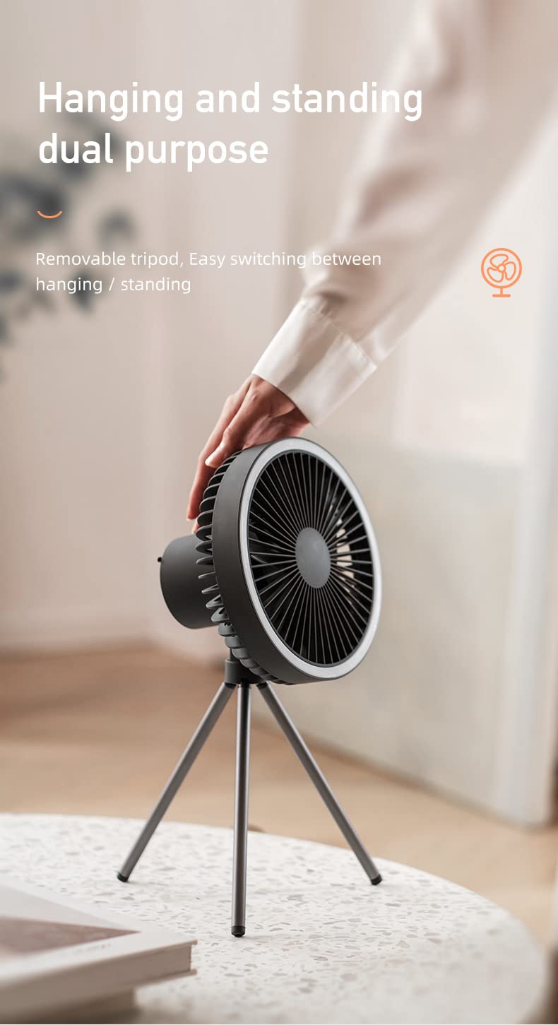 Fay Bless Tent Fan with A Tripod, Desk Fan with Light,18 * 18cm, 560g, 10000mAh, Work Time 27H (Gray)