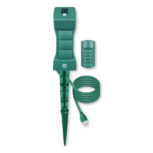 Outdoor Remote Control Power Stake with Photocell Timer 2/4/6/8 Hour Countdown, Dusk to Dawn, 3 Grounded Outlets 6FT Cord, UL Listed, Green