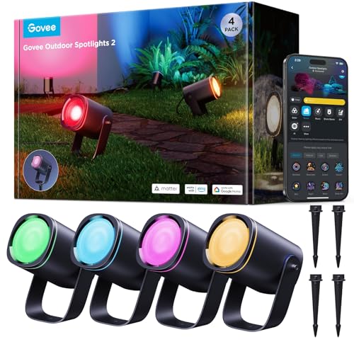 Govee Outdoor Spot Lights 2, IP67 Waterproof Spotlights, Landscape Lights Work with Matter, Alexa, and Google Assistant, RGBWIC Color Changing Light