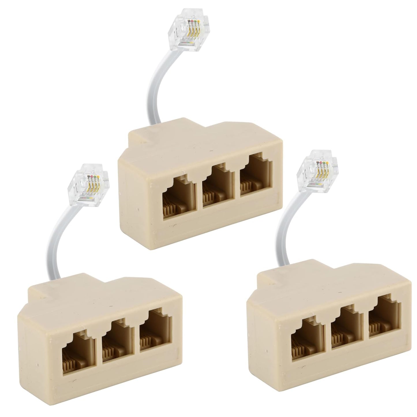 Yumiwoow RJ11 Cable 3 Way Telephone Splitter 3 Pack, Beige, Splitter 6P4C Connector Phone Line Cord Adapter with Cable for Landline Telephone Wire