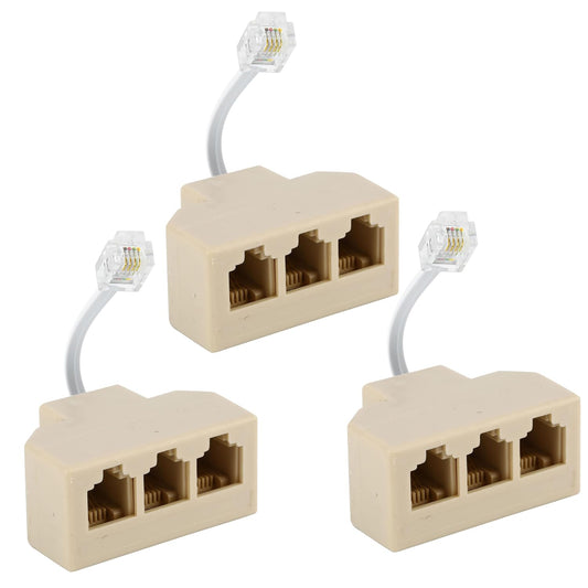 Yumiwoow RJ11 Cable 3 Way Telephone Splitter 3 Pack, Beige, Splitter 6P4C Connector Phone Line Cord Adapter with Cable for Landline Telephone Wire