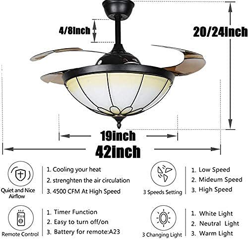 Fandian 42” Vintage Ceiling Fan with LED Light Remote Control Retractable Blades Chandelier, 3 Speeds 3 Light Changes Ceiling Lighting Fixture