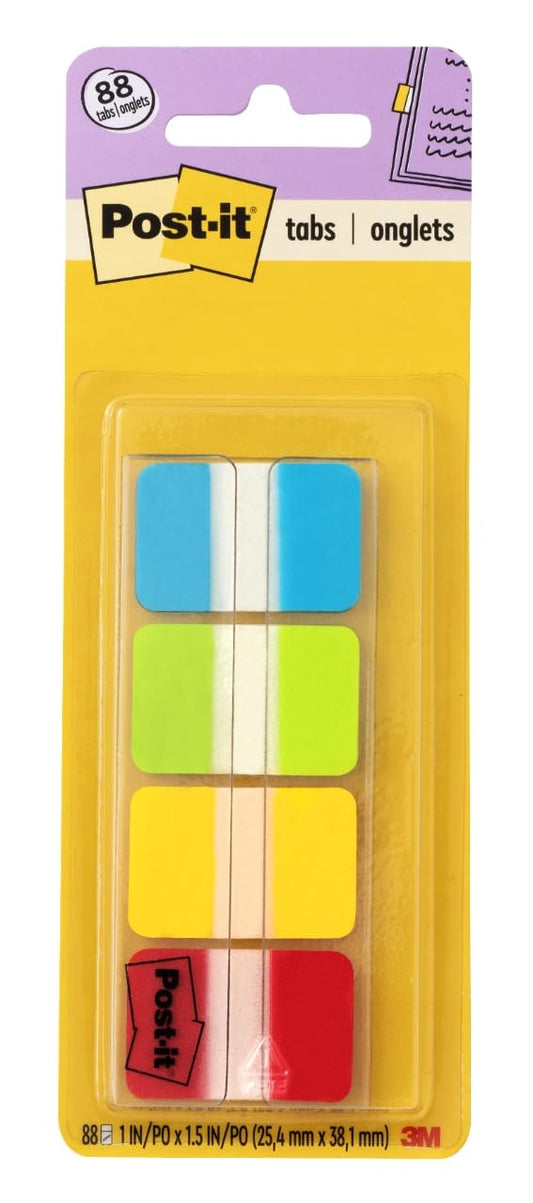 Post-it Sticky Tabs, 1 in. x 1.5 in., 4 Pads of Book Tabs in Assorted Colors for Bookmarking, Annotating, Reading, and Reminders, Green, Blue, Red