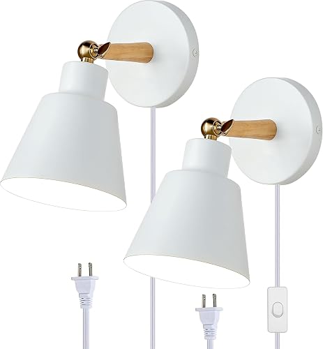 ClanKin Plug in Wall Sconces Lighting Set of 2, White Wood Style Wall Sconce Reading Lamp, Adjustable Wall Light for Bedroom Hallway Living Room (2