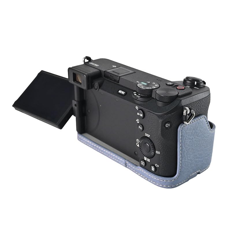 A6700 Case, BMAOLLONGB Handmade PU Leather Half Camera Case Bag Cover Bottom Opening Version for Sony Alpha A6700 with Neck Strap (Blue)