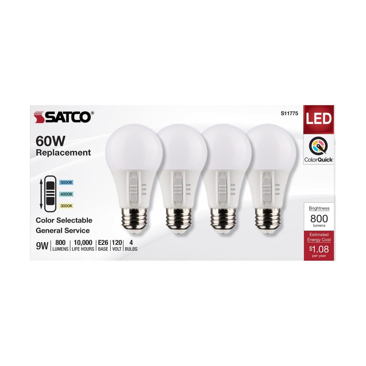 Satco S11775 9W 120V A19 LED Light Bulb; E26 Medium Base; CCT Selectable; White Finish; 90 CRI (4 LED Bulbs)