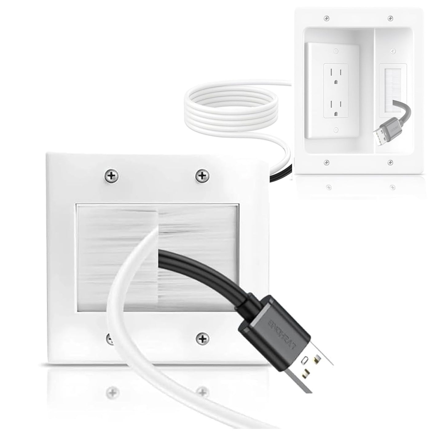 in Wall Cable Management Kit for Wall Mounted TV 2 Gang Brush Wall Plate - Cable Pass Through Wire Hider for Cable Management,Cord Hider for Ethernet