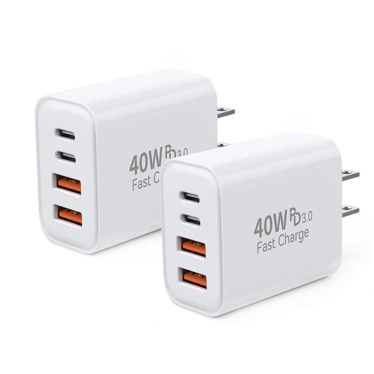 USB C Charger Block,40W Multiport USB C Charger Fast Charging,2Pack 4-Port Quick Type C Wall Power Delivery Adapter Cube for iPhone 16/16 Pro/16 Pro