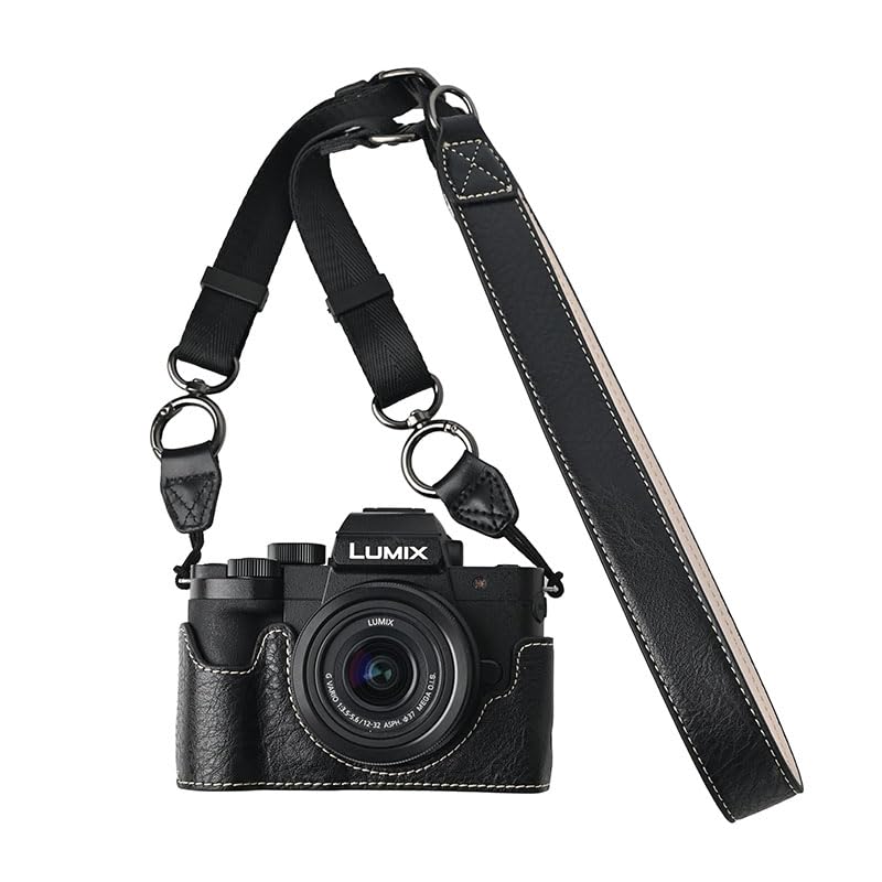 G100K Case, BMAOLLONGB Handmade PU Leather Half Camera Case Bag Cover Bottom Opening Version for Panasonic Lumix G100K with Neck Strap (Black)