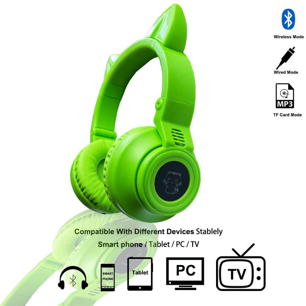 Kids Bluetooth Headphones,Cat Ear LED Light Up Wireless/Wired Headset,85 dB Volume Limited Foldable Headphones,Built-in Mic,Support FM/Micro…