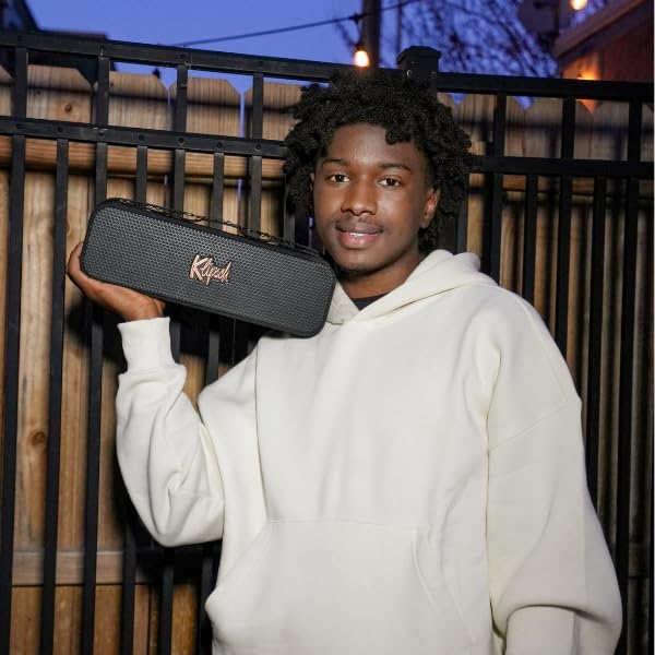 The Klipsch Detroit Portable Bluetooth Speaker with Dual 1" tweeters and 3" woofers, IP67 dust and Waterproof Rating, 20 Hours of Playtime for a