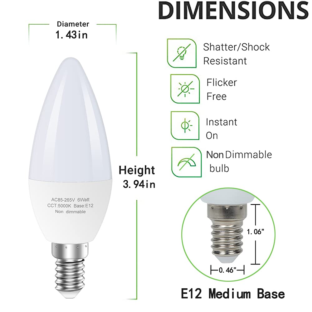 GOSCHE Type B E12 Candelabra LED Bulbs, 60-Watt Equivalent, 5000K, 6 Pack