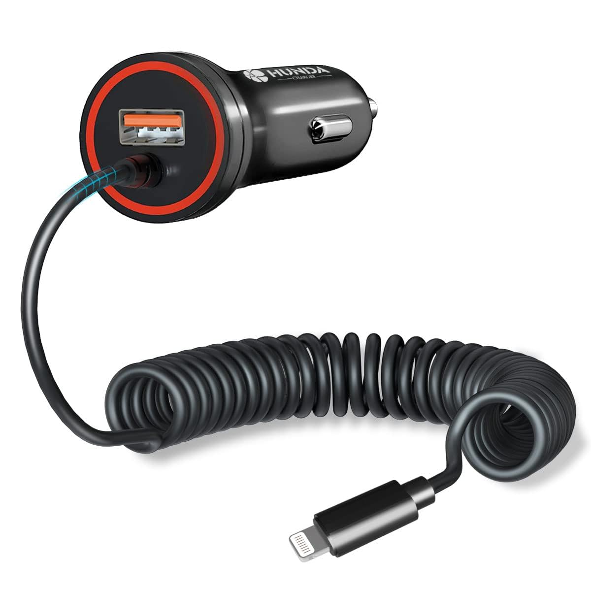 HUNDA Fast Car Charger 48W, Dual Port Super Fast Charging with PD3.0 & QC4.0, Car Accessories with Built-in 5ft Coiled Lightning Cable for iPhone