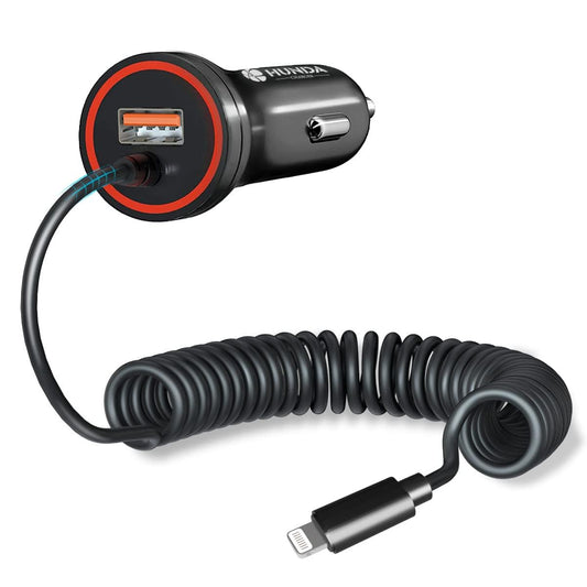 HUNDA Fast Car Charger 48W, Dual Port Super Fast Charging with PD3.0 & QC4.0, Car Accessories with Built-in 5ft Coiled Lightning Cable for iPhone