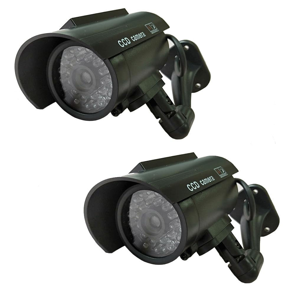 Solar Powered Dummy Fake Security Camera Bullet CCTV Surveillance with Simulated LED Realistic Red Flashing Light and Security Warning Sticker Decal