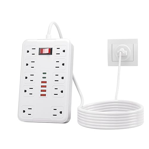 Surge Protector Extension Power Strip Cord Plug, 10 Widely Spaced Outlets and 6 USB Charger(2 USB C Port), 6 Ft, for Travel, Office, Dorm Room