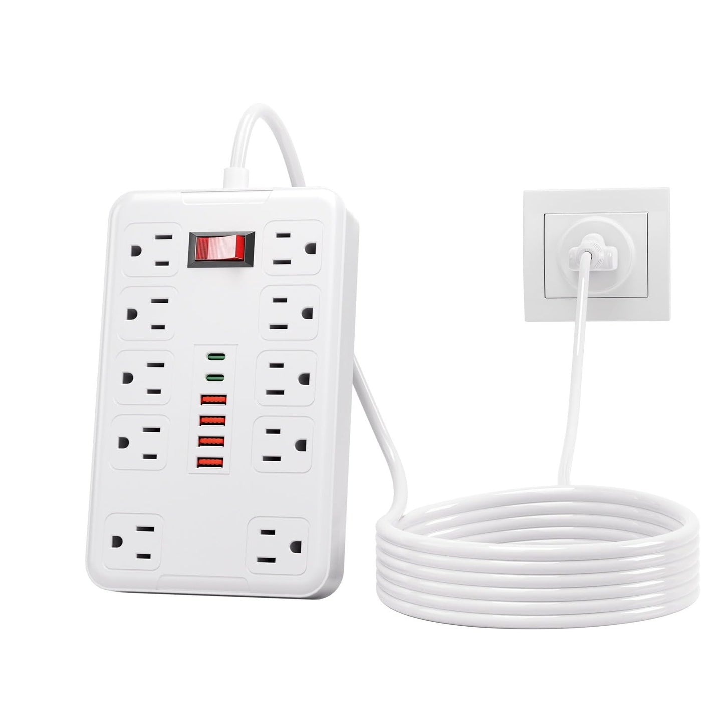 Surge Protector Extension Power Strip Cord Plug, 10 Widely Spaced Outlets and 6 USB Charger(2 USB C Port), 6 Ft, for Travel, Office, Dorm Room