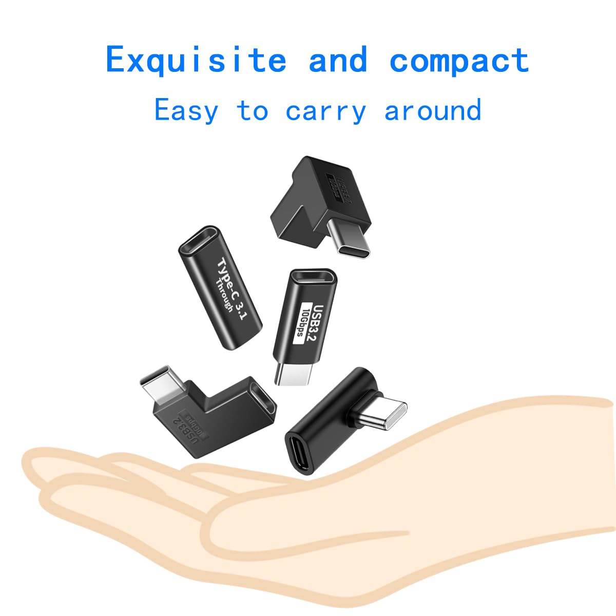 USB Type-C Adapter Set, 5-Pack, Female to Male Connector Kit, USB 3.2 10Gbps, Black