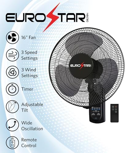 EUROSTAR FWF16B 16" Wall Fan with Remote, Black