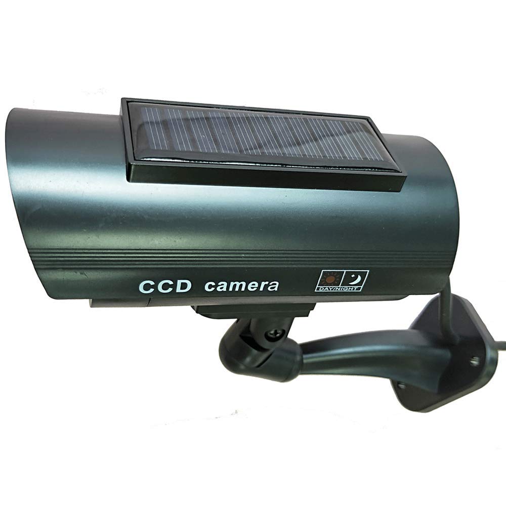 Solar Powered Dummy Fake Security Camera Bullet CCTV Surveillance with Simulated LED Realistic Red Flashing Light and Security Warning Sticker Decal