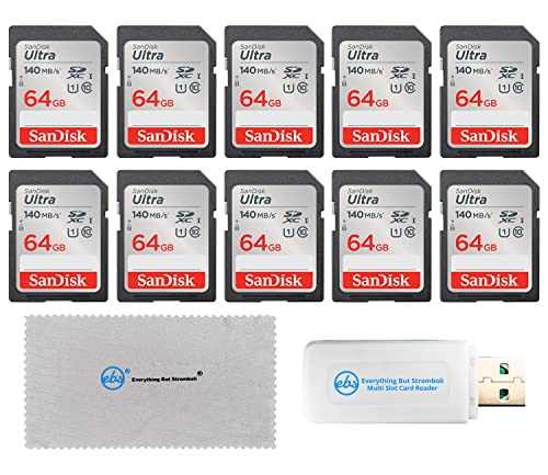 SanDisk 64GB 10 Pack Memory Card SD Ultra UHS-I Class 10 (SDSDUNB-064G-GN6IN) Bundle with (1) Everything But Stromboli SDXC & MicroSD Card Reader