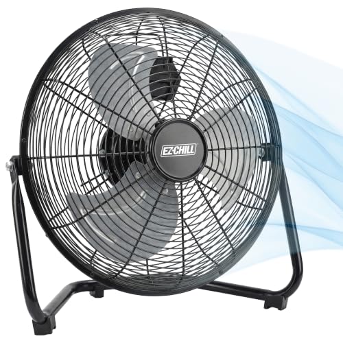 EZ-CHILL 12” Cradle Floor Fan, 3 Speed, High Velocity, 180 Degree Adjustable Tilt, All-Metal, Carry Handle, Rubber Feet, Airflow 15.42 ft/sec, Ideal
