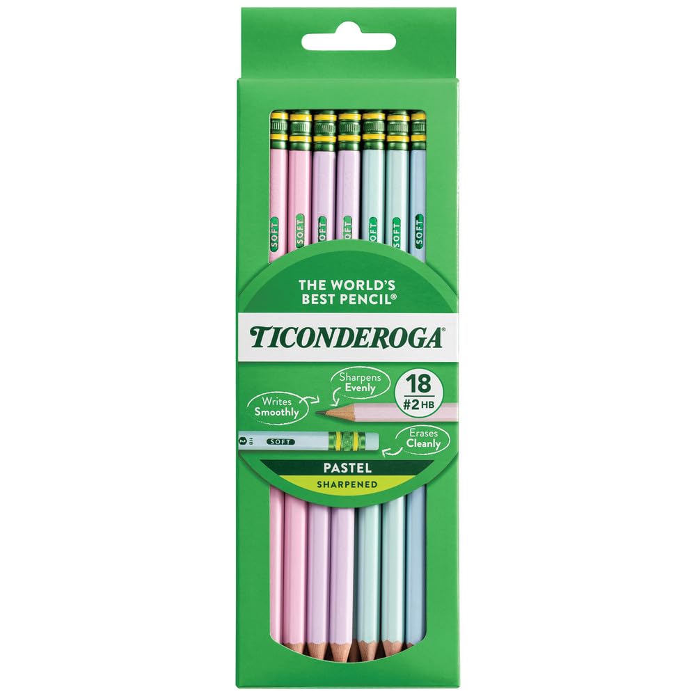 Ticonderoga Wooden Pencils, Pre-Sharpened, 2 HB Soft, Pastel Colors, 18 Count