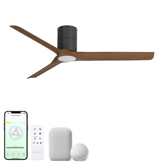 East Grove Home Delta Indoor or Outdoor 52in 3-Blade Smart Flush Mount Ceiling Fan 2700K-6000K CCT Tunable Range LED Light Kit with Black Hardware in